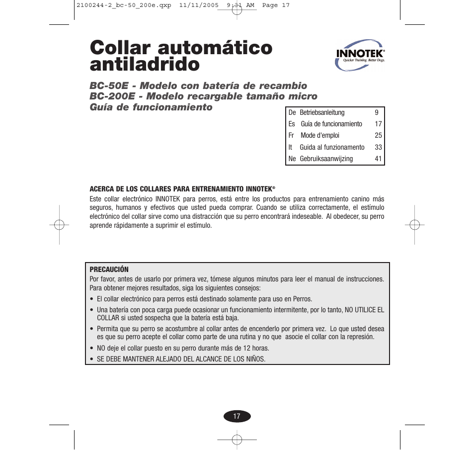 Collar automático antiladrido | Innotek Automatic No-bark Collar BC-50E User Manual | Page 17 / 48