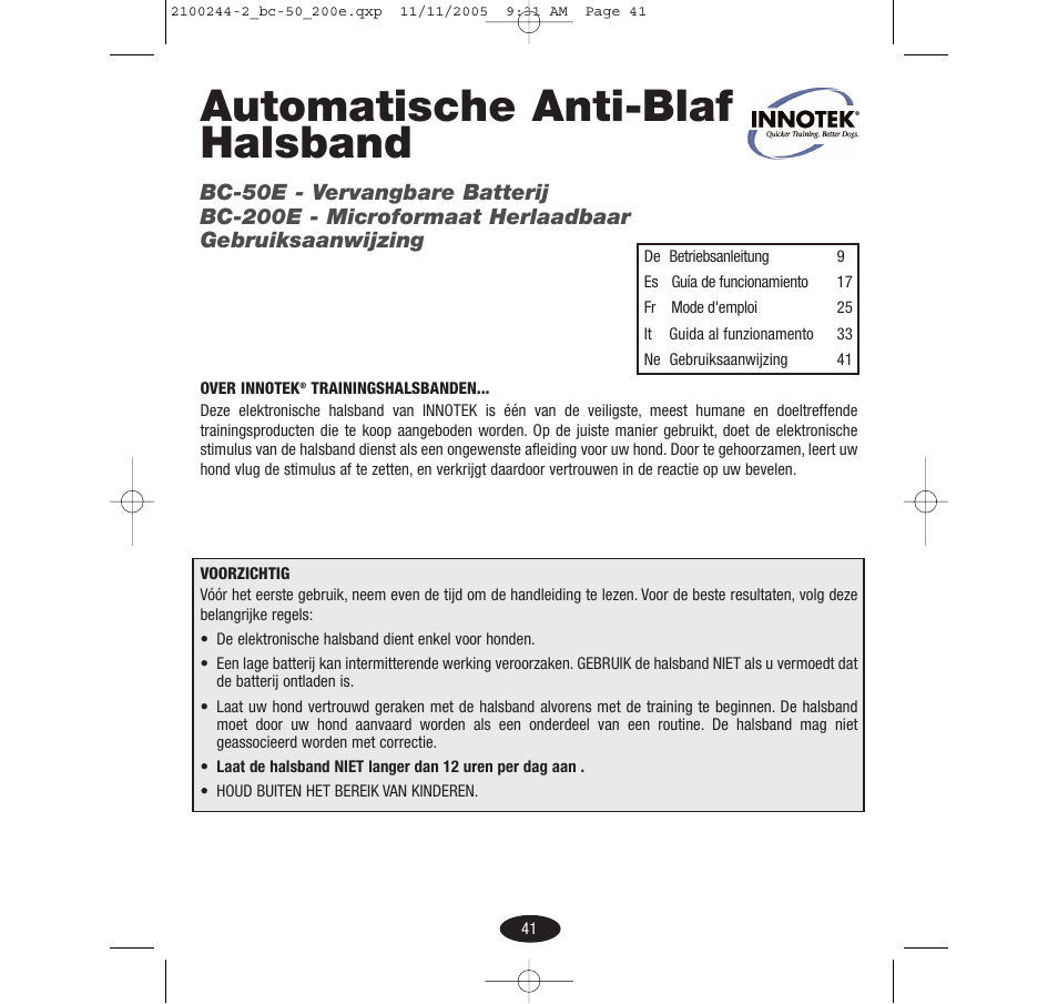 Automatische anti-blaf halsband | Innotek Automatic No-bark Collar BC-50E User Manual | Page 41 / 48