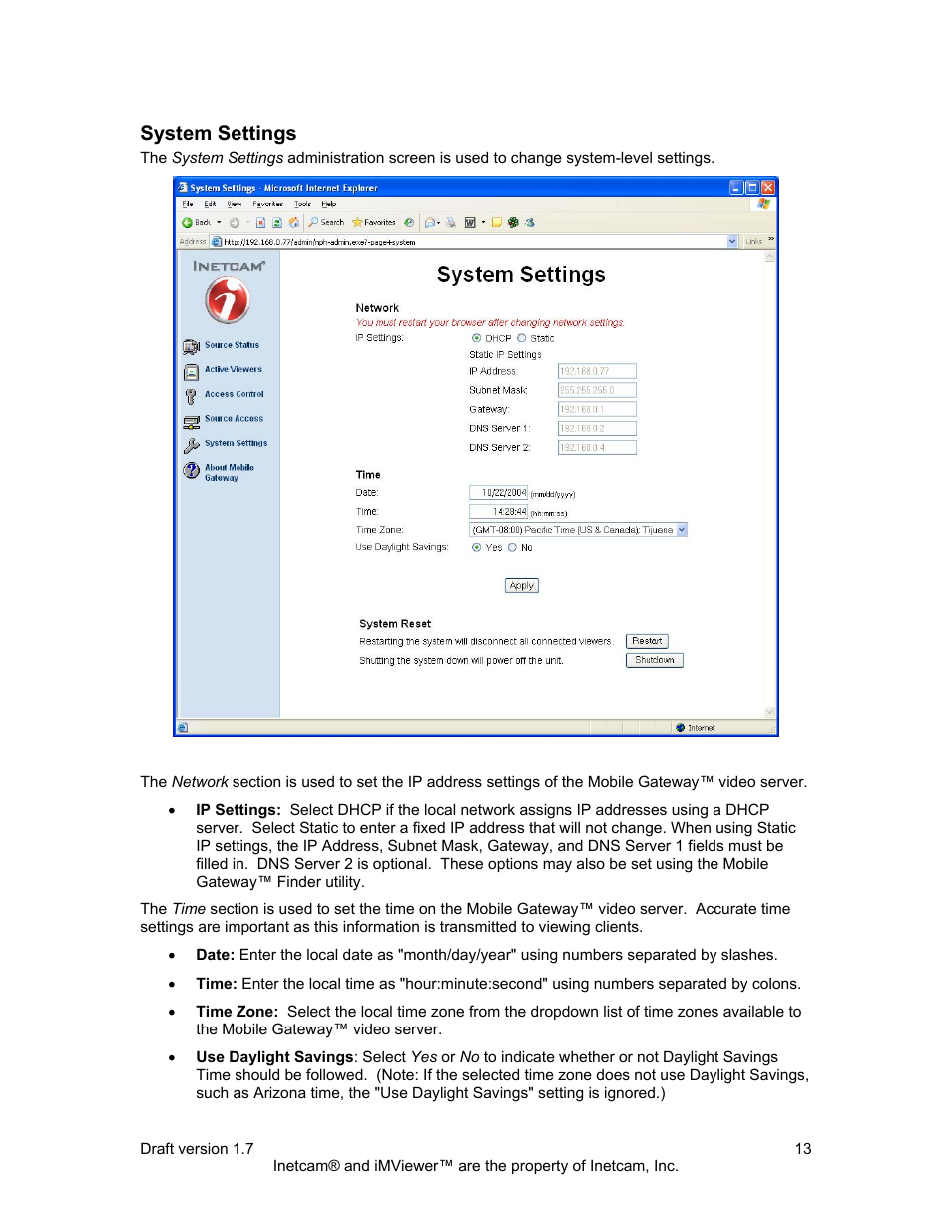 System settings | Inetcam Mobile Gateway User Manual | Page 13 / 19