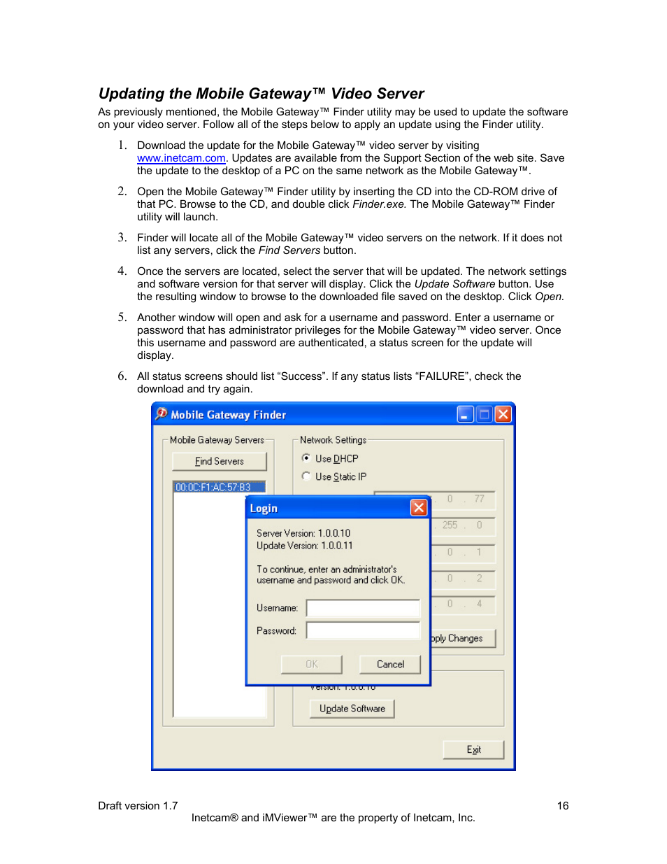 Updating the mobile gateway™ video server | Inetcam Mobile Gateway User Manual | Page 16 / 19
