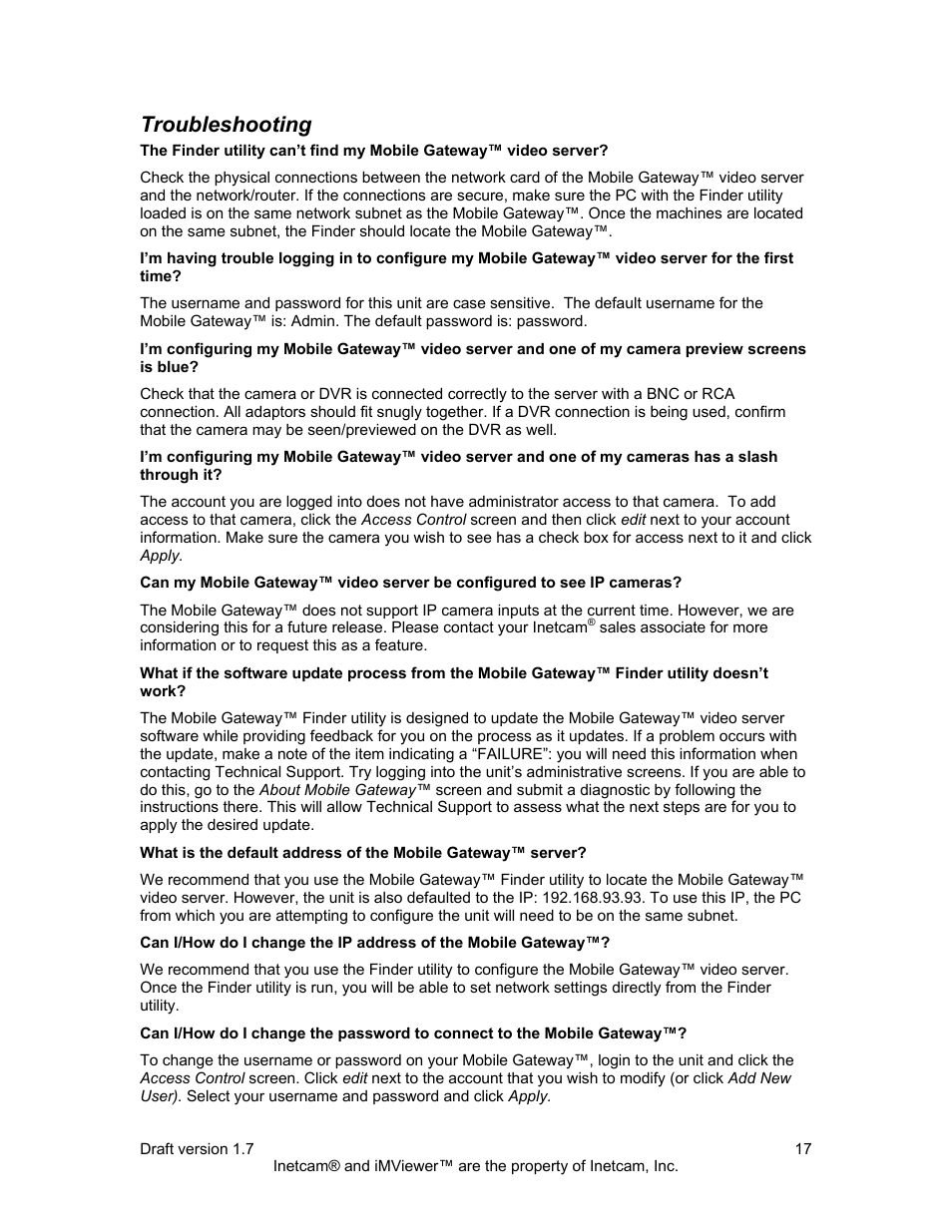 Troubleshooting | Inetcam Mobile Gateway User Manual | Page 17 / 19