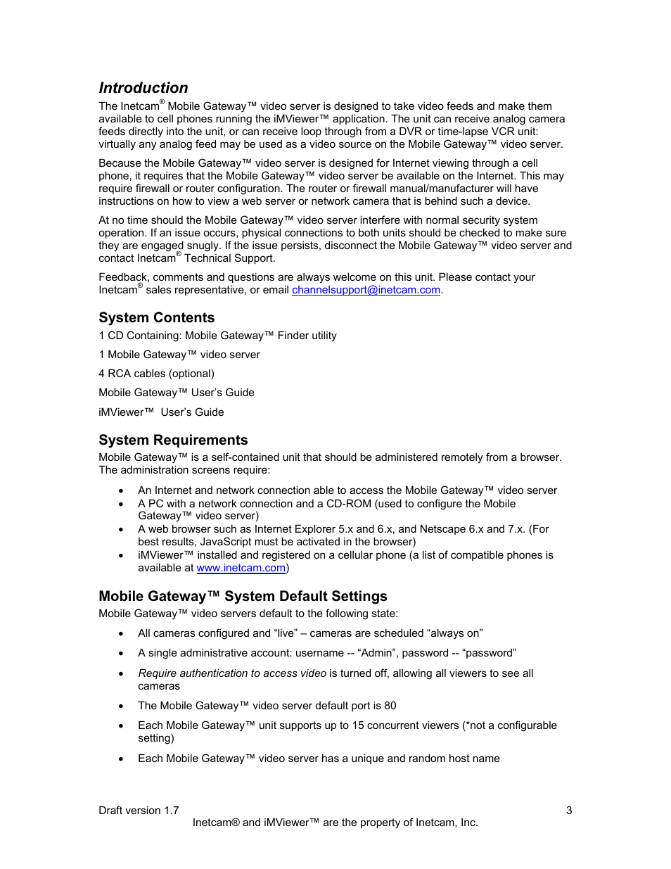 Introduction, System contents, System requirements | Mobile gateway™ system default settings | Inetcam Mobile Gateway User Manual | Page 3 / 19