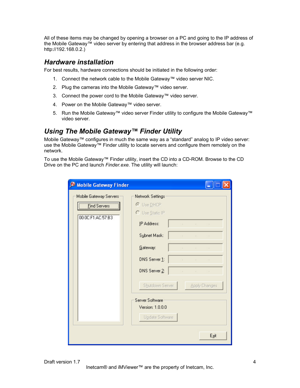 Hardware installation, Using the mobile gateway™ finder utility | Inetcam Mobile Gateway User Manual | Page 4 / 19