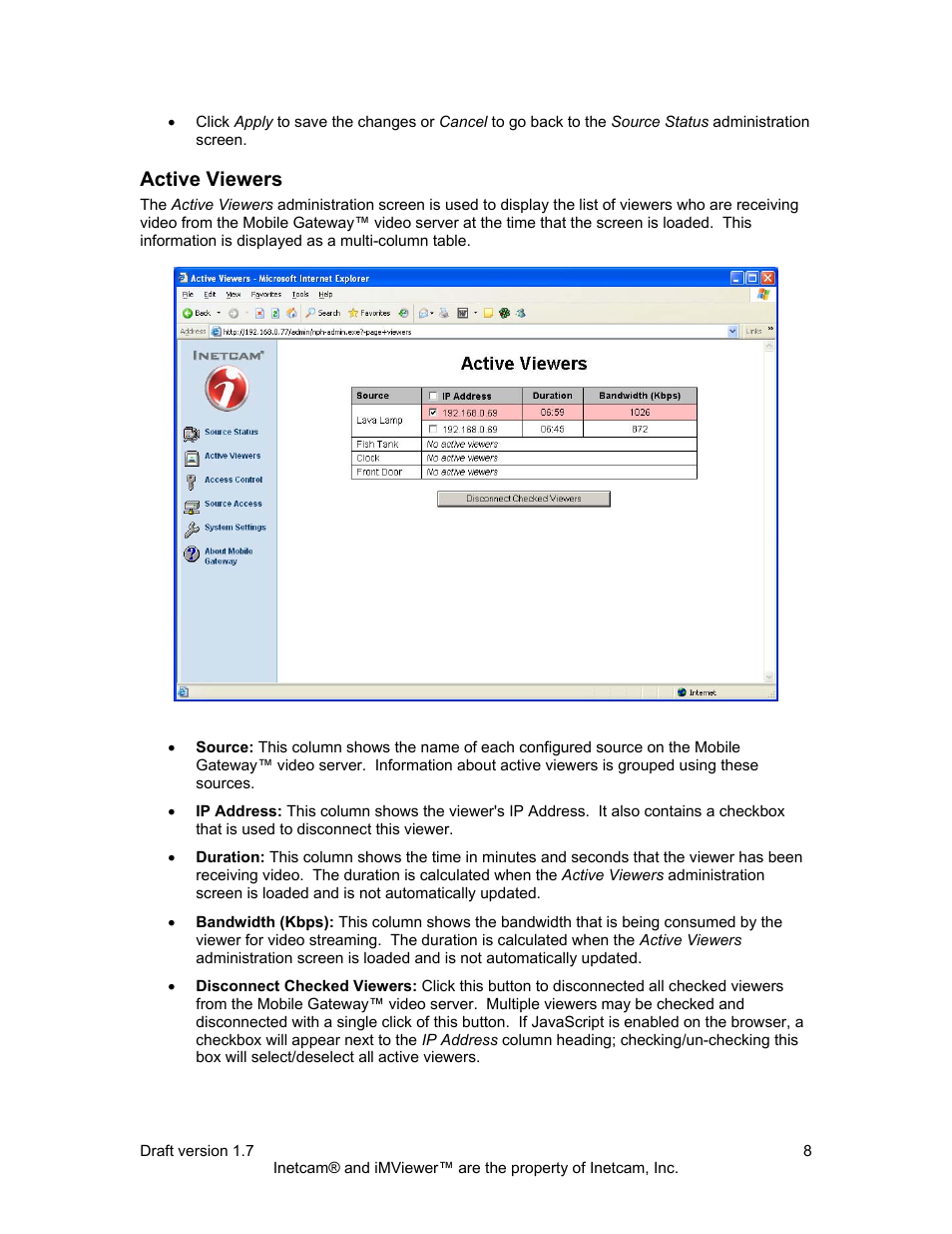 Active viewers | Inetcam Mobile Gateway User Manual | Page 8 / 19