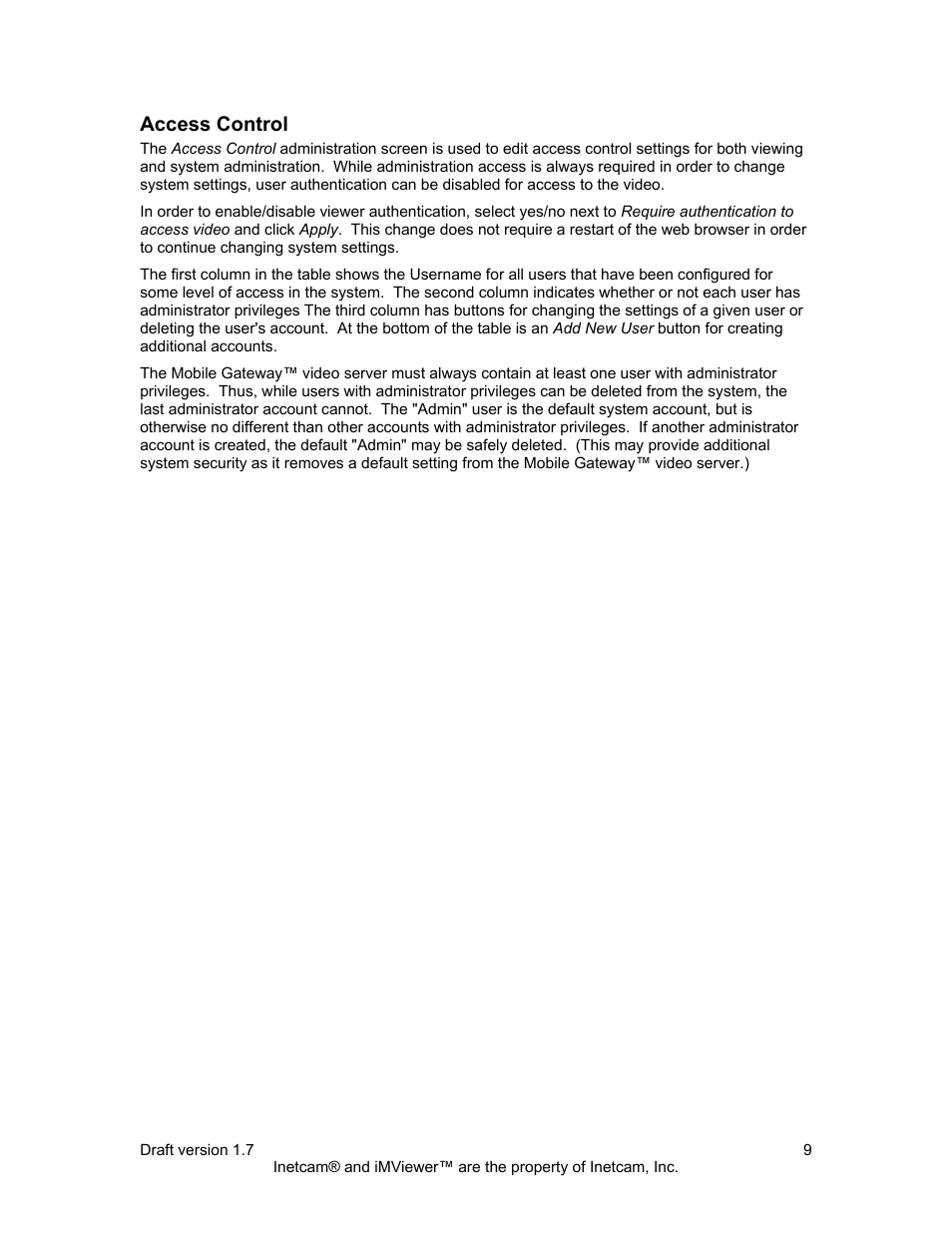Access control | Inetcam Mobile Gateway User Manual | Page 9 / 19