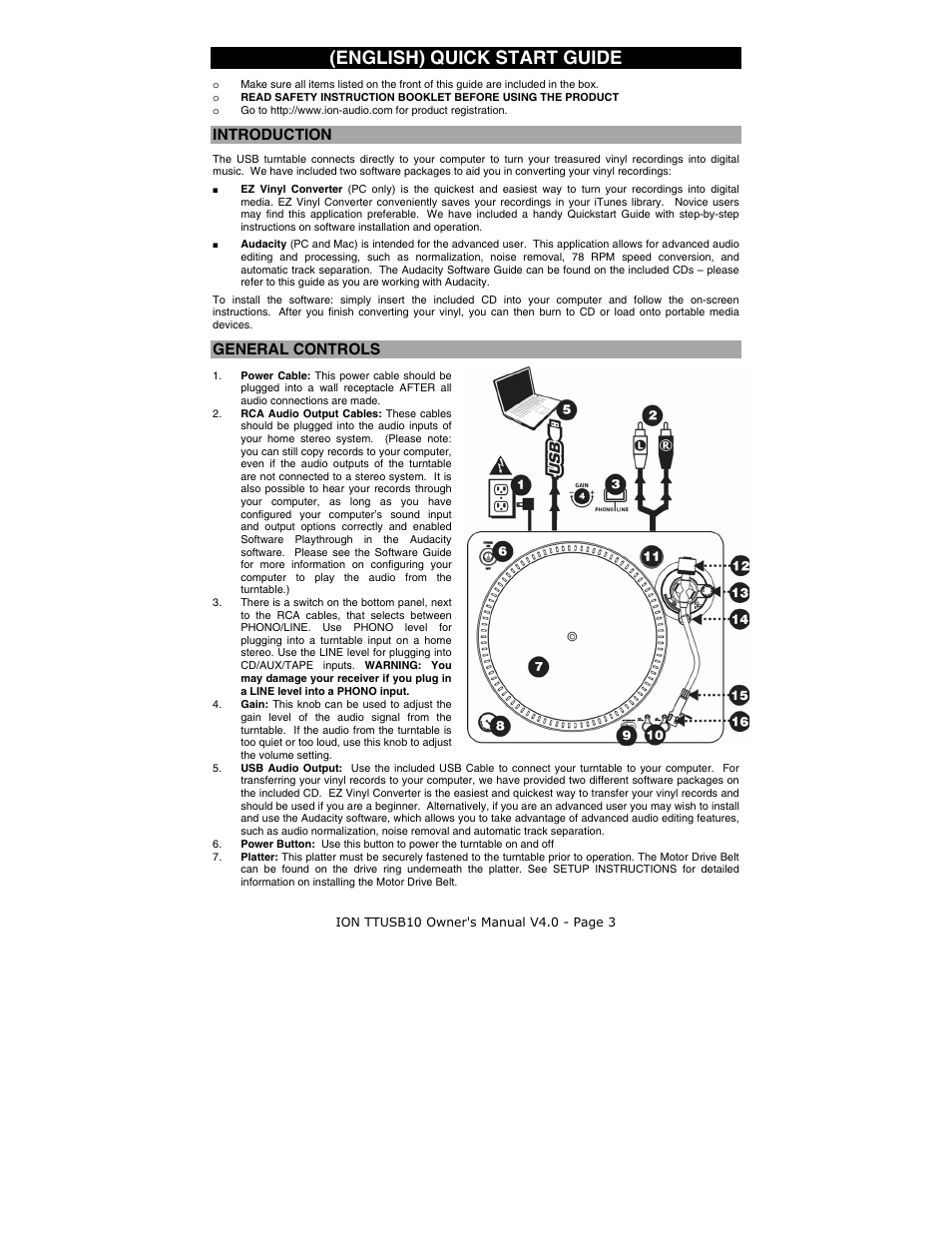 English, Introduction, General controls | English) quick start guide | ION TTUSB10 User Manual | Page 3 / 20