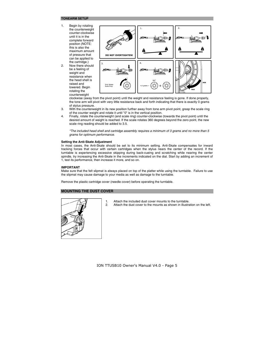 Tonearm setup, Mounting the dust cover | ION TTUSB10 User Manual | Page 5 / 20