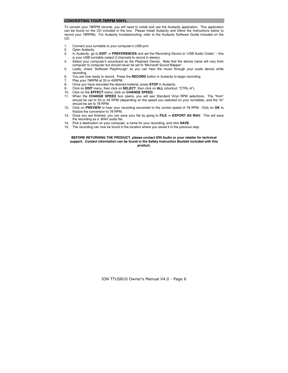 Converting your 78rpm vinyl | ION TTUSB10 User Manual | Page 6 / 20