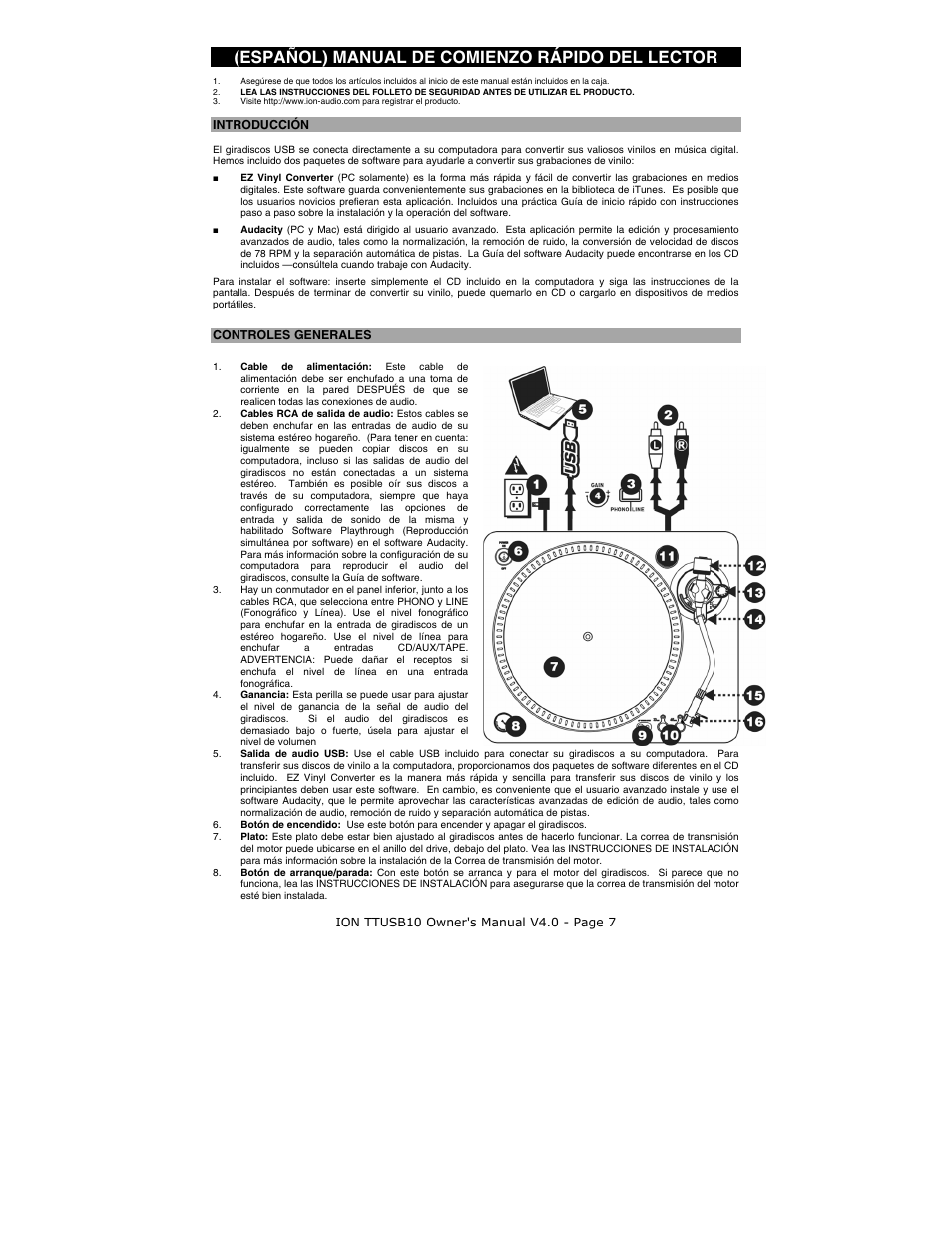 Español, Introducción, Controles generales | Español) manual de comienzo rápido del lector | ION TTUSB10 User Manual | Page 7 / 20