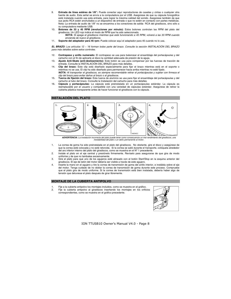 Instalación del plato, Montaje de la cubierta antipolvo | ION TTUSB10 User Manual | Page 8 / 20