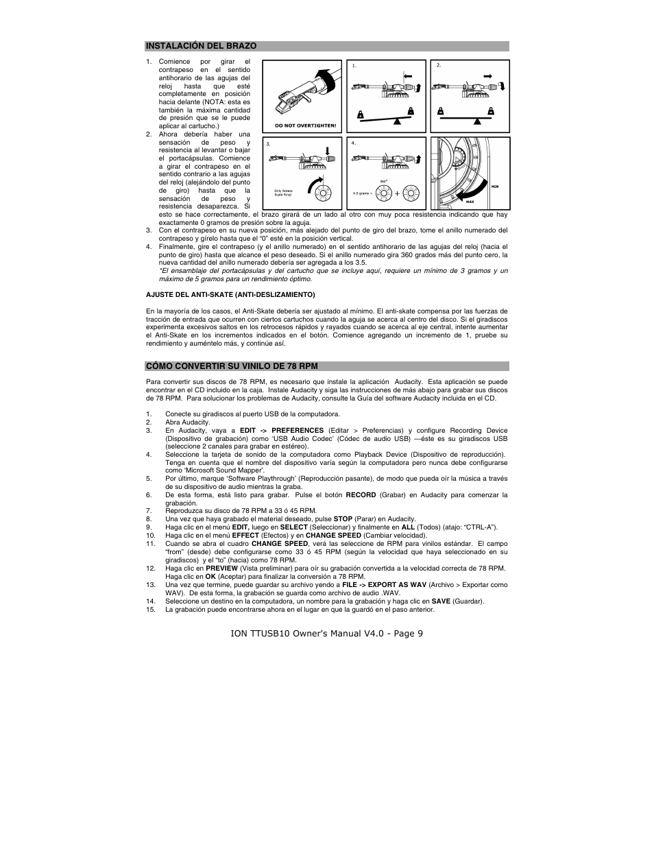 Instalación del brazo, Cómo convertir su vinilo de 78 rpm | ION TTUSB10 User Manual | Page 9 / 20