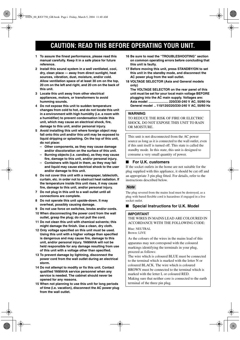 Caution: read this before operating your unit | ION RX-V750 User Manual | Page 2 / 91