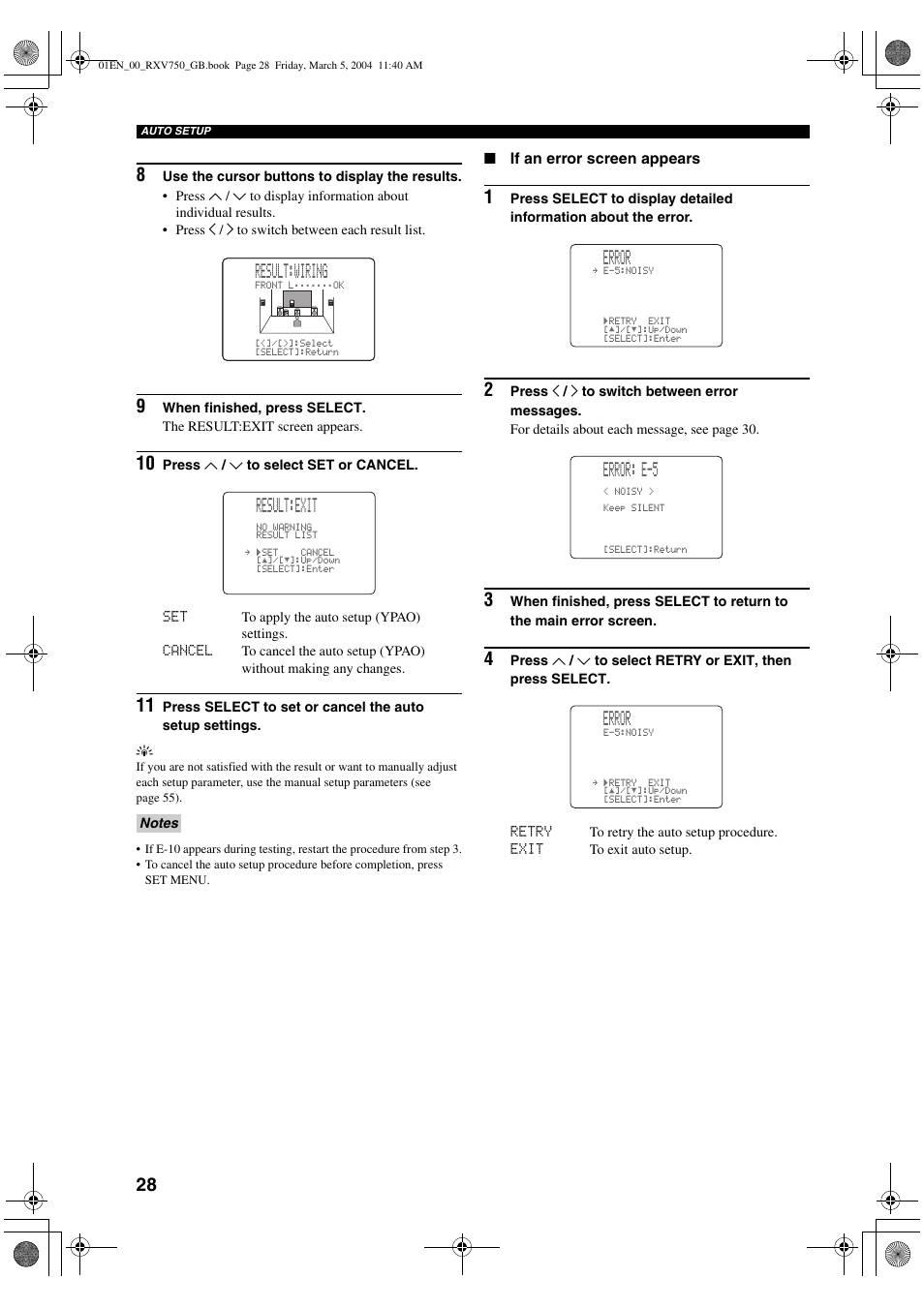 E “if an error, Result:wiring result:exit, Error | Error: e-5 | ION RX-V750 User Manual | Page 30 / 91
