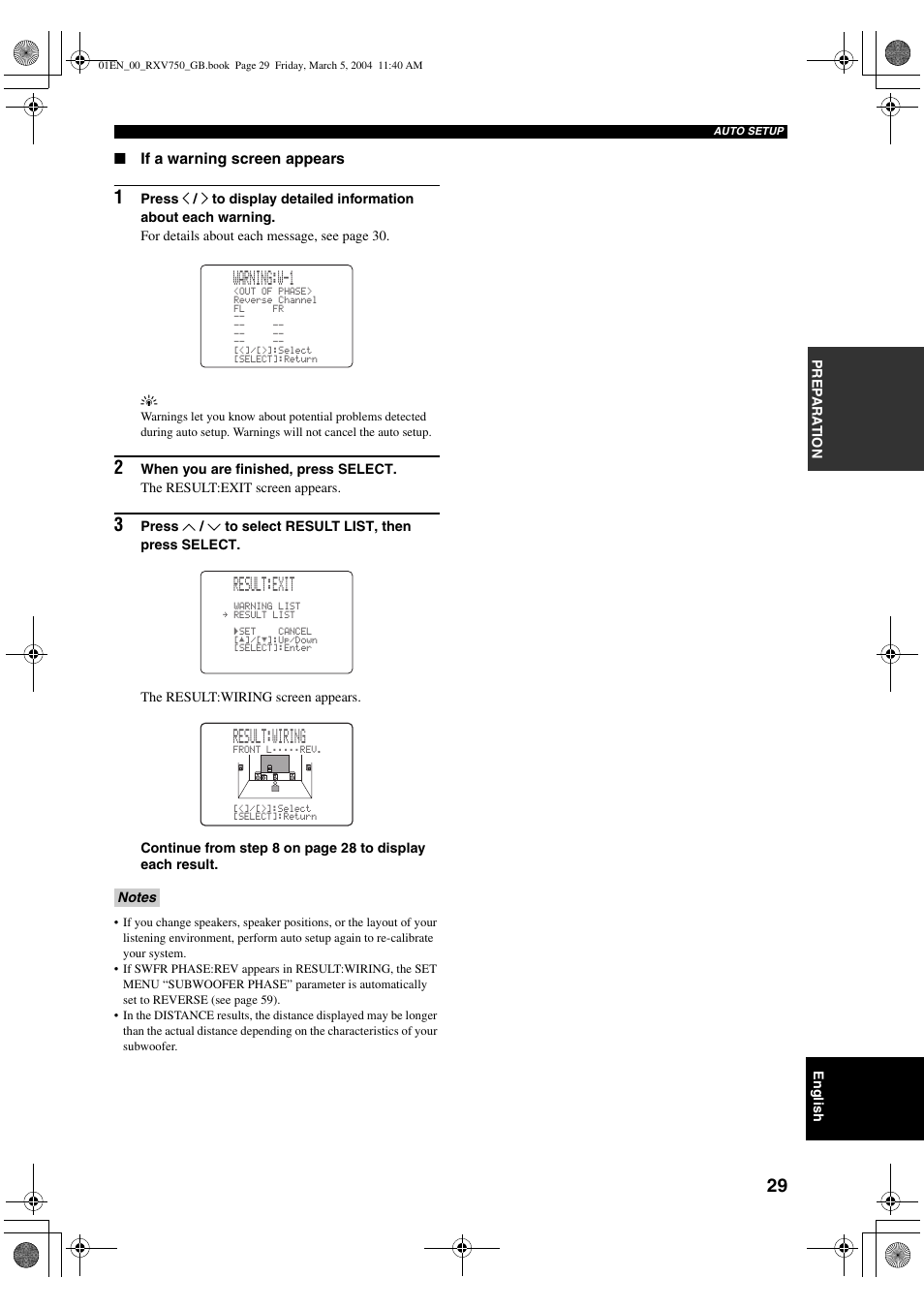 If a warning, Warning:w-1, Result:exit | Result:wiring | ION RX-V750 User Manual | Page 31 / 91