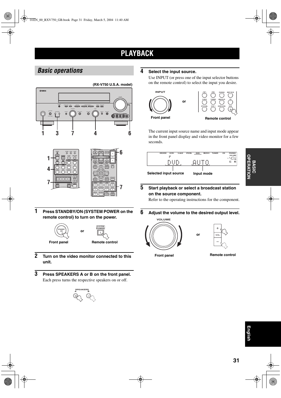 Basic operation, Playback, Basic operations | English ba s ic opera t ion, Turn on the video monitor connected to this unit, Adjust the volume to the desired output level, Rx-v750 u.s.a. model), Front panel remote control or, Selected input source input mode, Or remote control front panel | ION RX-V750 User Manual | Page 33 / 91