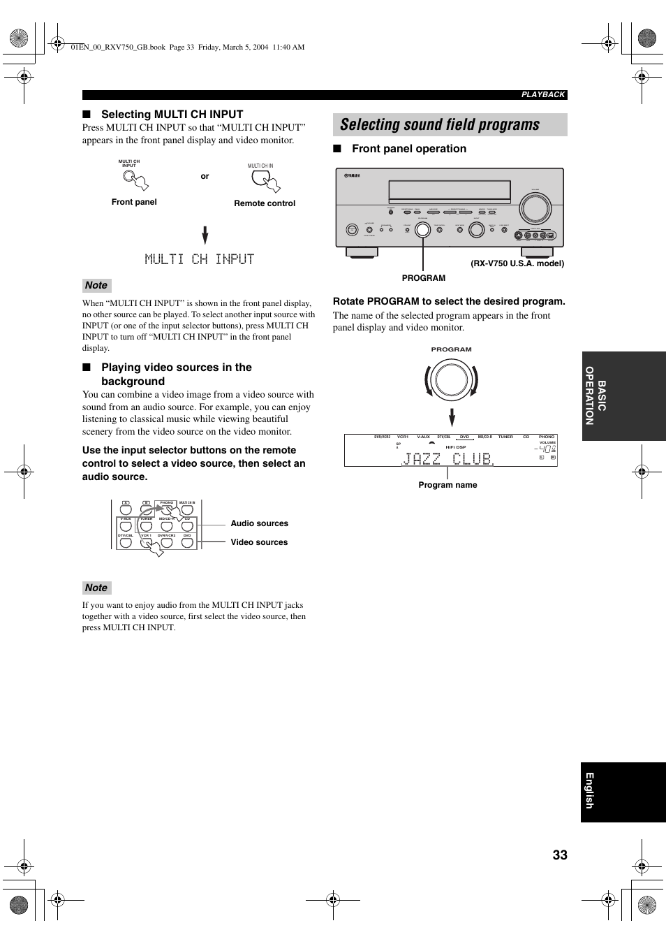 Selecting sound field programs, Multi ch input, Selecting multi ch input | Playing video sources in the background, Front panel operation, English, Ba s ic opera t ion | ION RX-V750 User Manual | Page 35 / 91