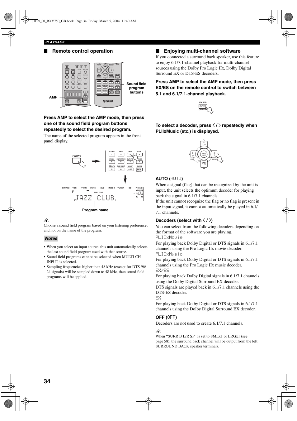 Remote control operation, Enjoying multi-channel software, Sound field program buttons amp | Program name, Playback | ION RX-V750 User Manual | Page 36 / 91