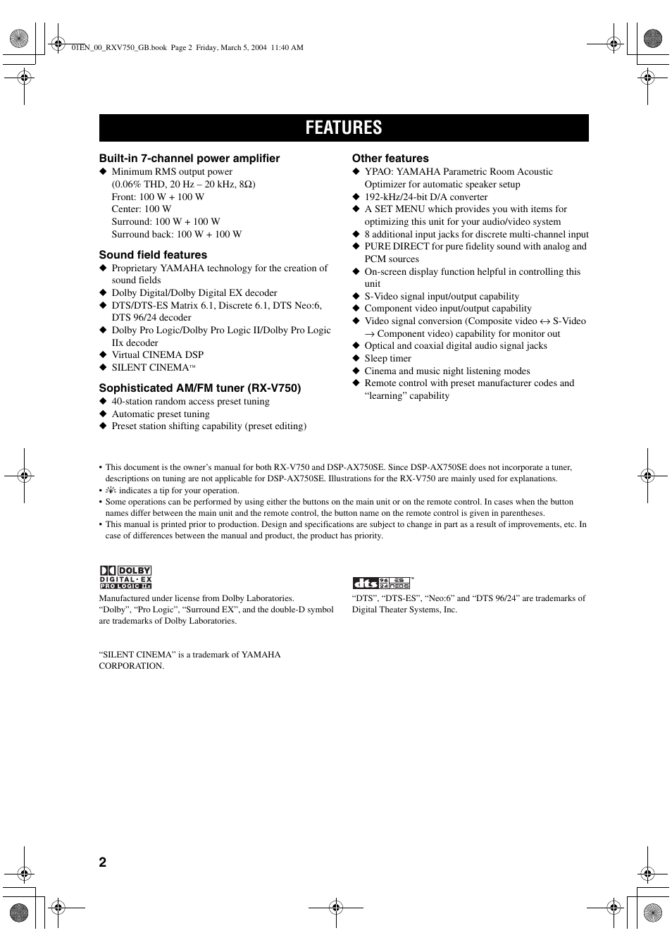 Features | ION RX-V750 User Manual | Page 4 / 91