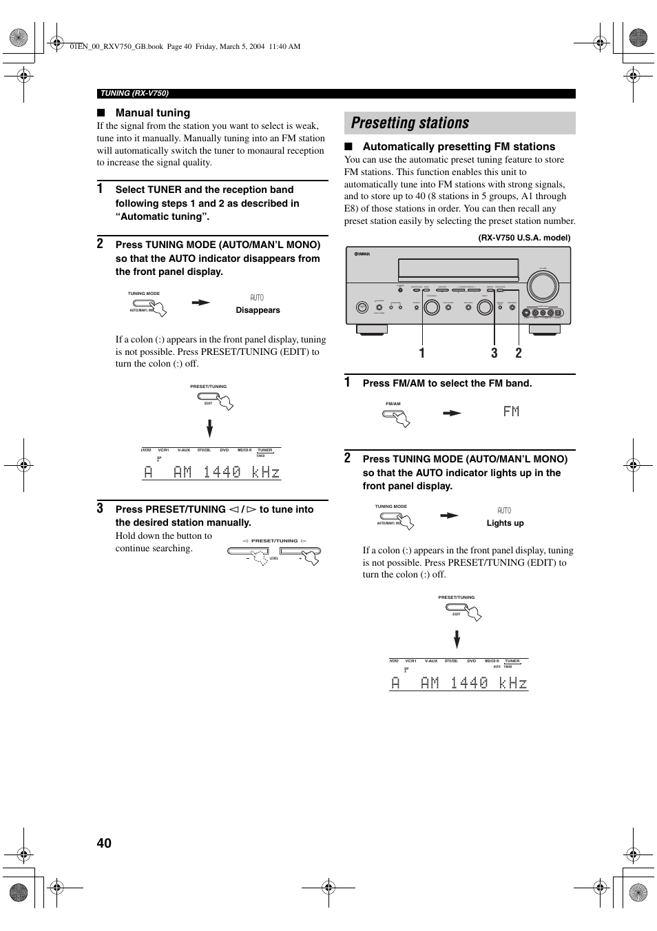 Presetting stations, Manual tuning, Automatically presetting fm stations | ION RX-V750 User Manual | Page 42 / 91