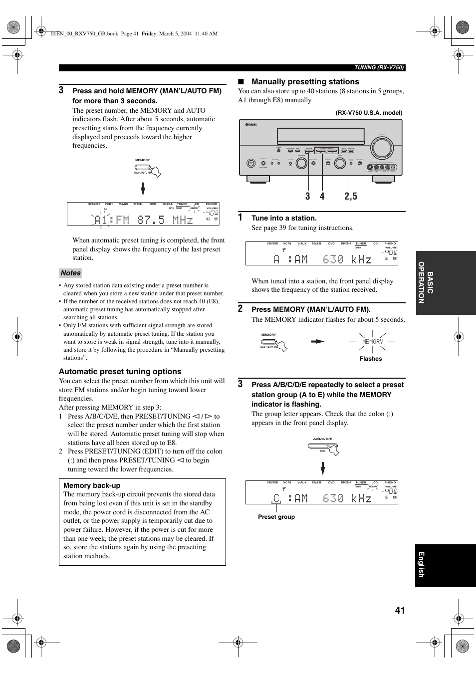 Automatic preset tuning options, Manually presetting stations, English | Ba s ic opera t ion | ION RX-V750 User Manual | Page 43 / 91