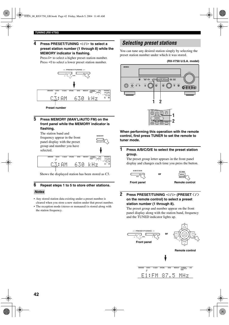 Selecting preset stations, Repeat steps 1 to 5 to store other stations, Shows the displayed station has been stored as c3 | ION RX-V750 User Manual | Page 44 / 91