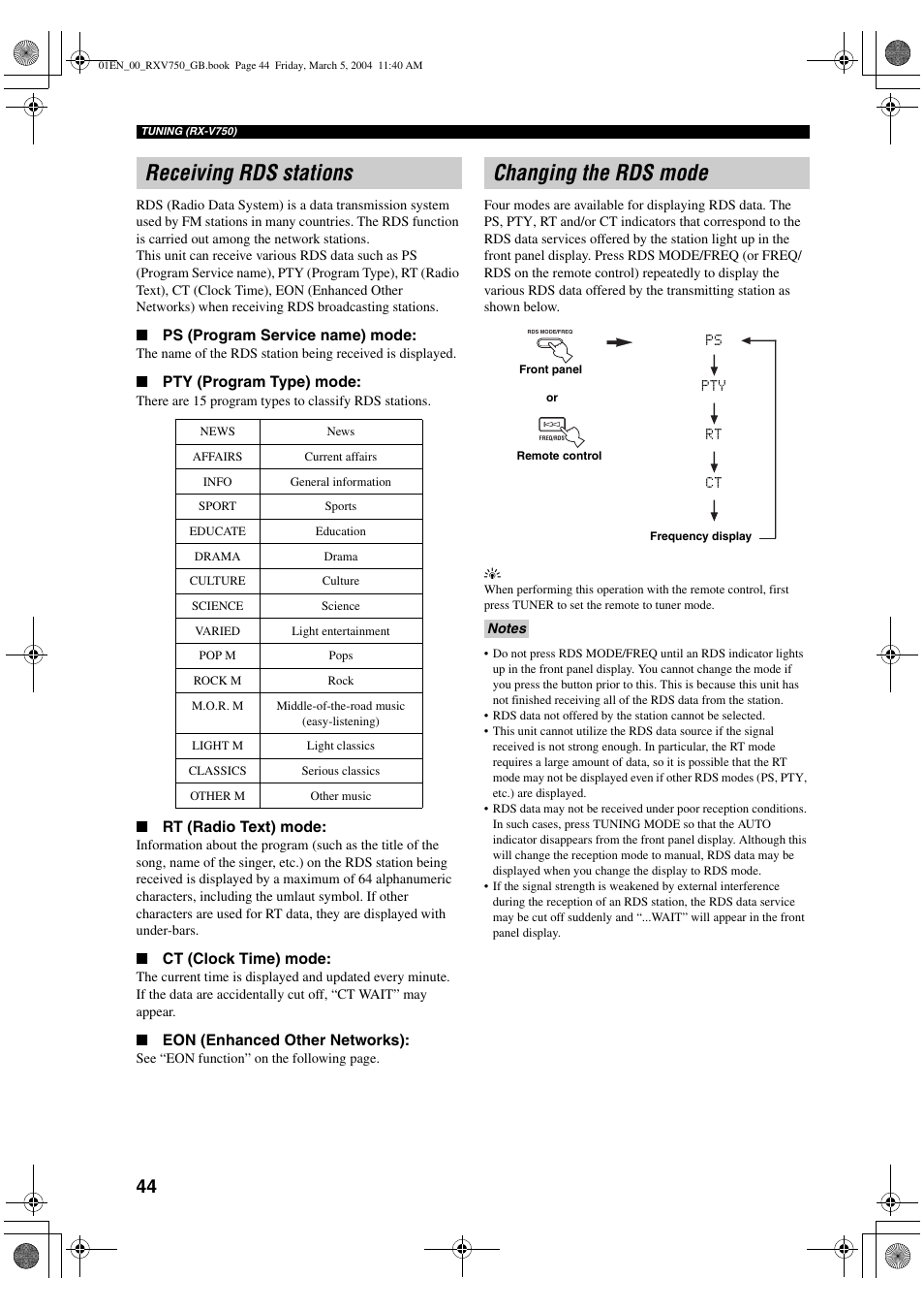 Receiving rds stations, Changing the rds mode | ION RX-V750 User Manual | Page 46 / 91