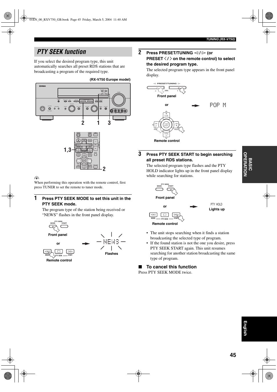 Pty seek function, Pop m, English | Press pty seek mode twice | ION RX-V750 User Manual | Page 47 / 91