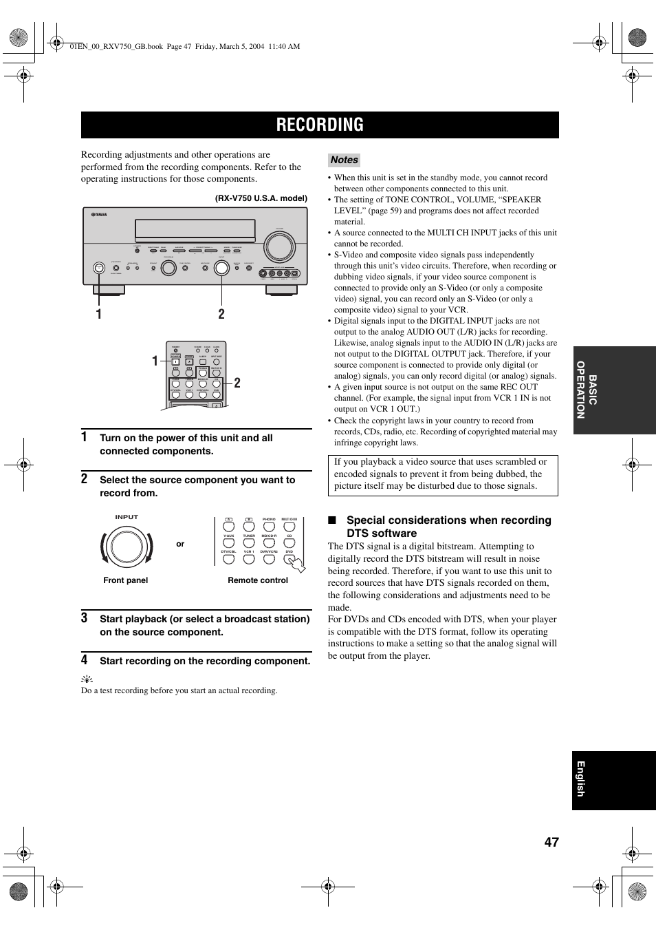 Recording, Special considerations when recording dts software | ION RX-V750 User Manual | Page 49 / 91