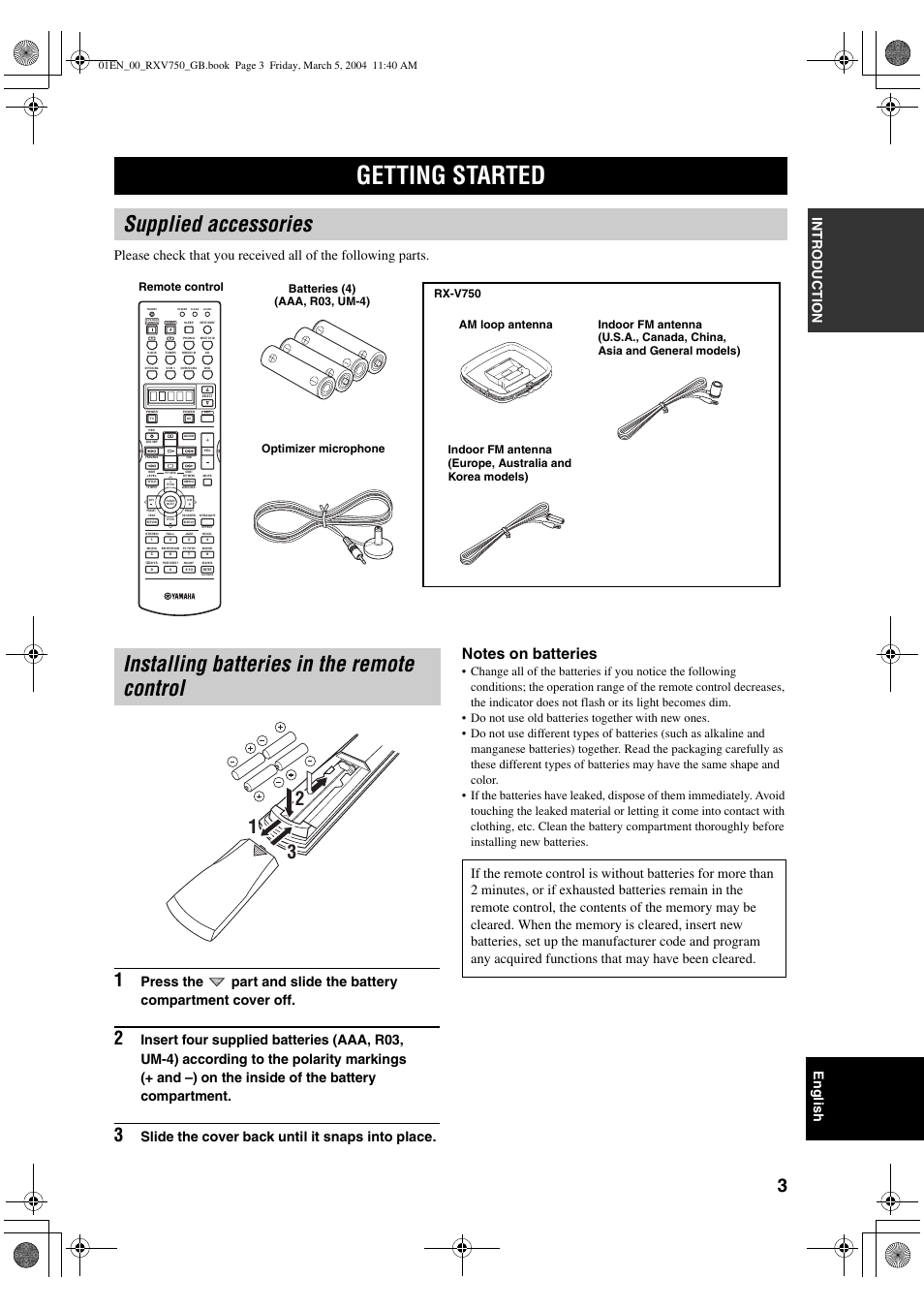 Getting started, Supplied accessories, Installing batteries in the remote control | Slide the cover back until it snaps into place | ION RX-V750 User Manual | Page 5 / 91