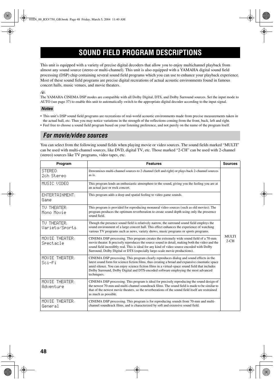 Sound field programs, Sound field program descriptions, For movie/video sources | ION RX-V750 User Manual | Page 50 / 91