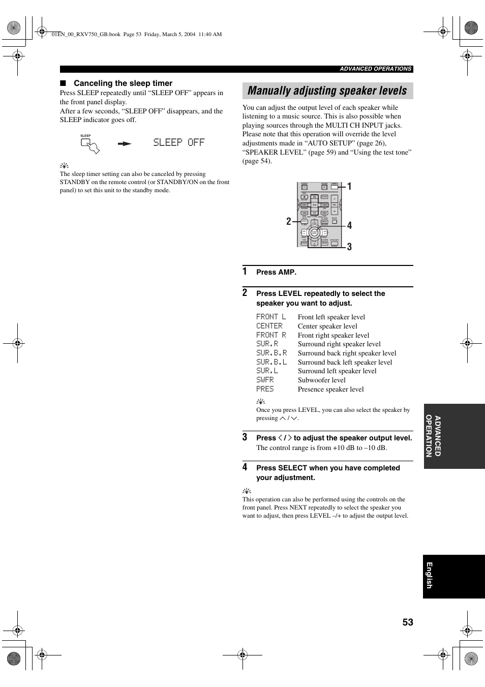 Manually adjusting speaker levels, Sleep off, Canceling the sleep timer | English, Ad v anced opera t ion, Press amp | ION RX-V750 User Manual | Page 55 / 91