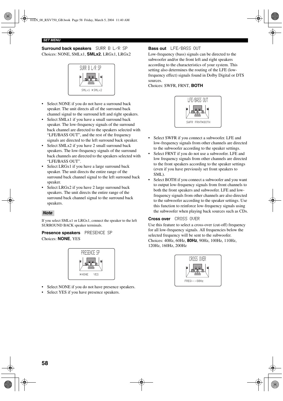 Surr b l/r sp, Presence sp, Lfe/bass out | Cross over | ION RX-V750 User Manual | Page 60 / 91