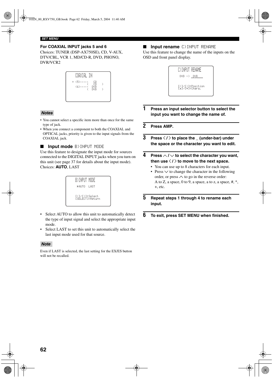 Coaxial in, B)input mode, C)input rename | ION RX-V750 User Manual | Page 64 / 91