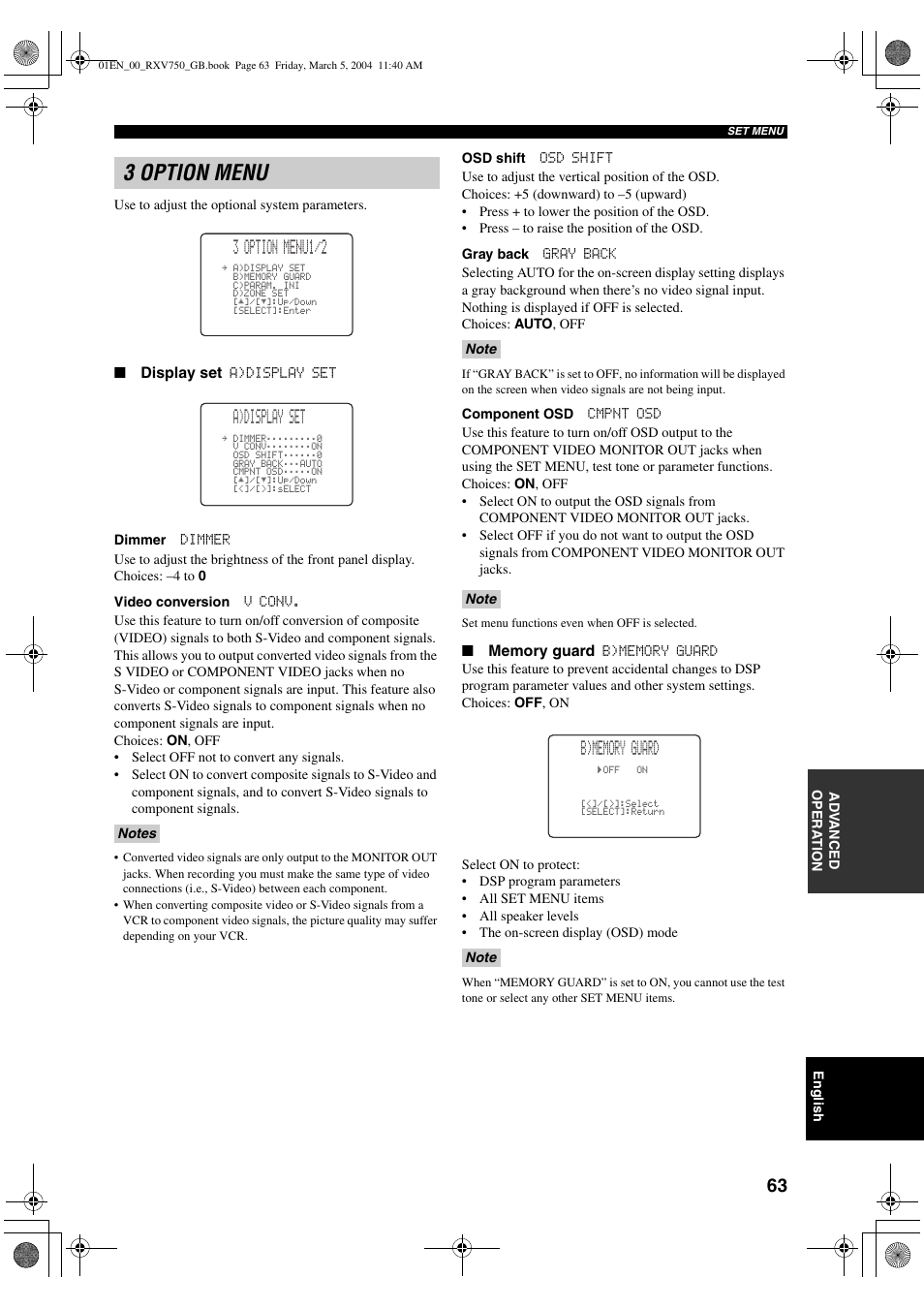 3 option menu, 3 option menu1/2, A)display set | ION RX-V750 User Manual | Page 65 / 91