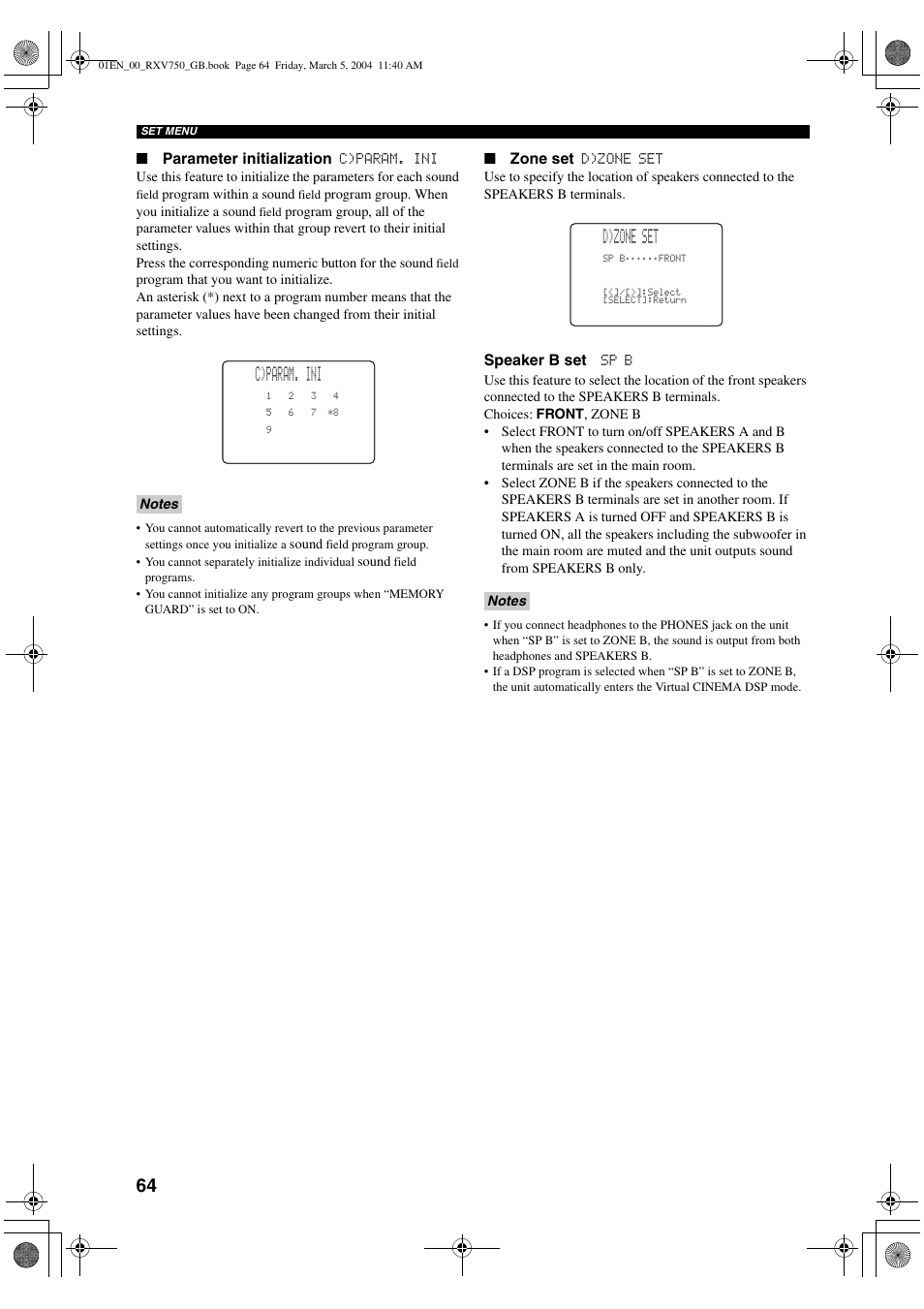 C)param. ini, D)zone set | ION RX-V750 User Manual | Page 66 / 91
