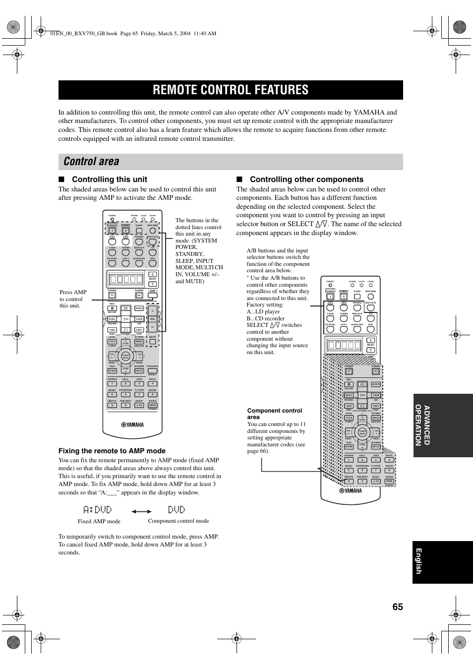 Remote control features, Control area, A:dvd dvd | Controlling this unit, Controlling other components | ION RX-V750 User Manual | Page 67 / 91