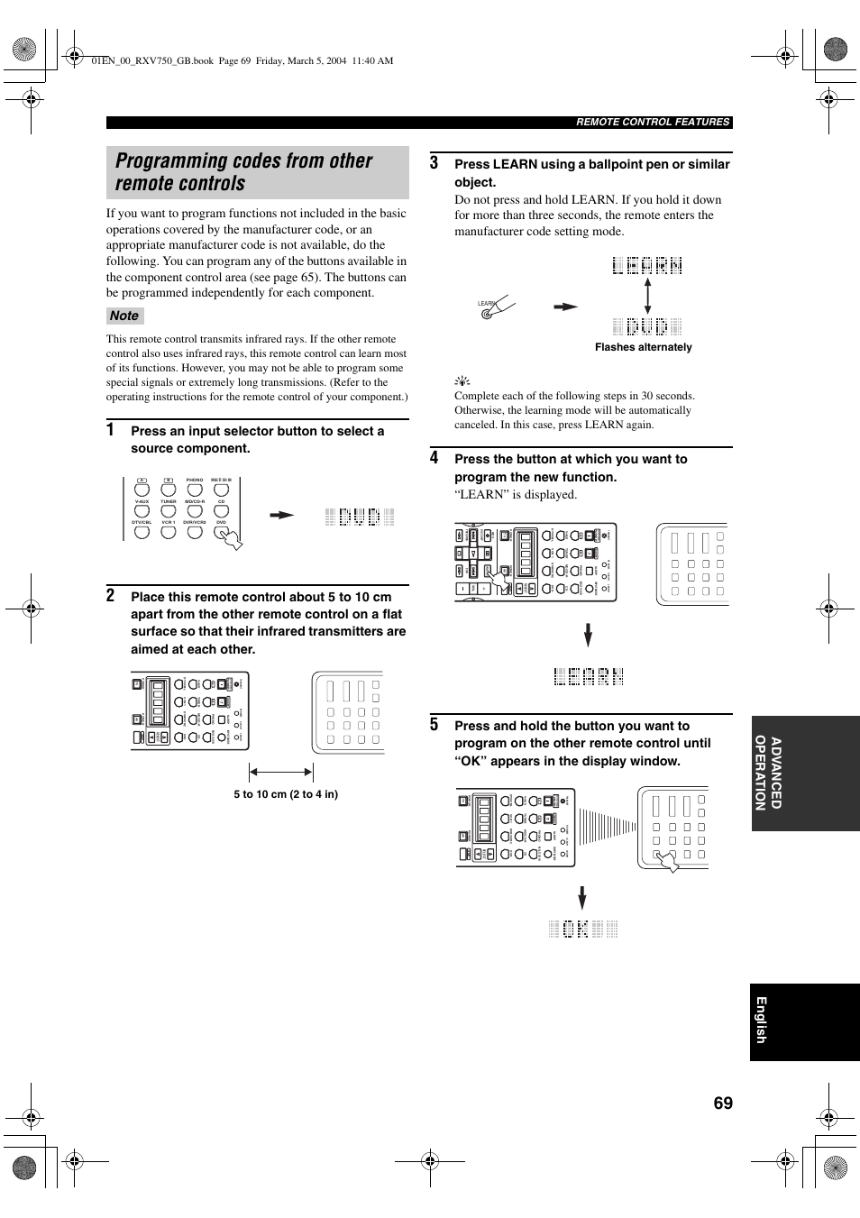 Programming codes from other remote controls, English, Remote control features | ION RX-V750 User Manual | Page 71 / 91