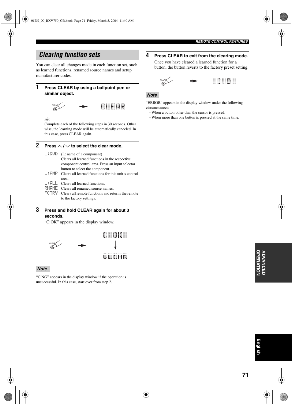 Clearing function sets | ION RX-V750 User Manual | Page 73 / 91