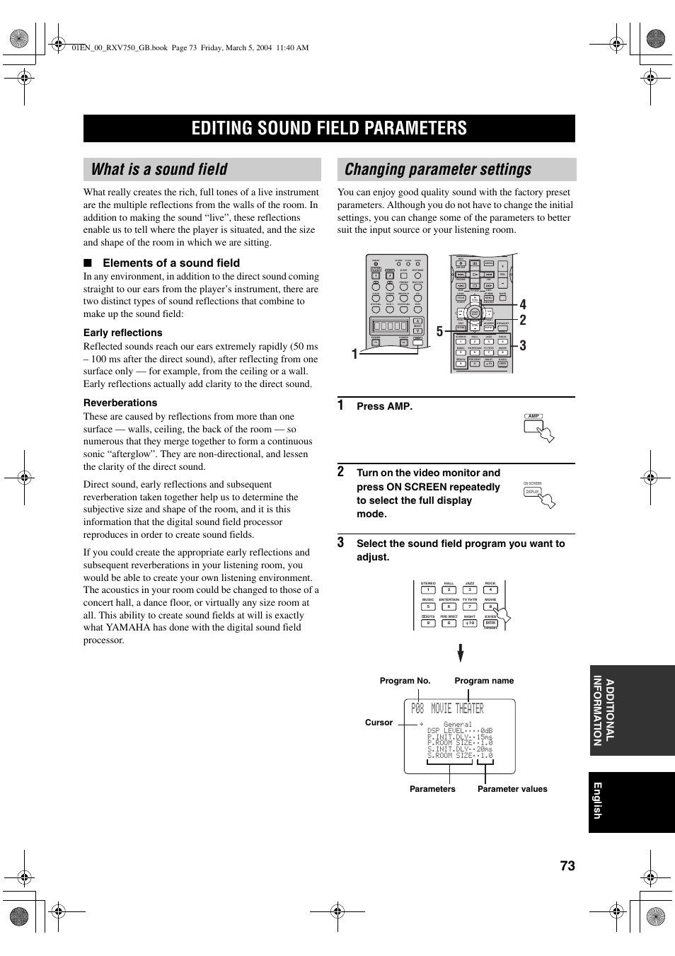 Additional information, Editing sound field parameters, What is a sound field | Changing parameter settings, What is a sound field changing parameter settings, P08 movie theater, Elements of a sound field, Press amp, Select the sound field program you want to adjust | ION RX-V750 User Manual | Page 75 / 91