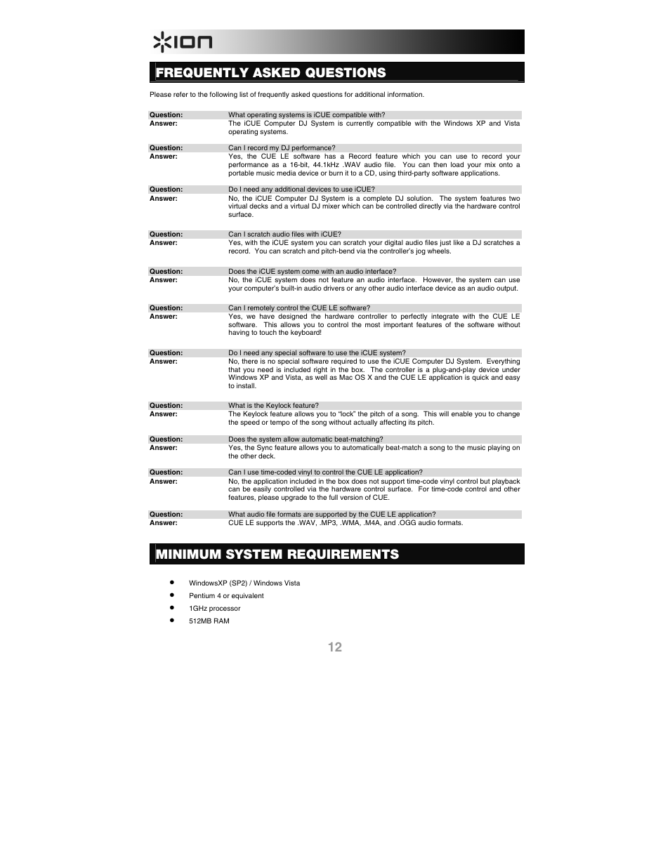 Frequently asked questions, Minimum system requirements | ION iCUE User Manual | Page 12 / 56