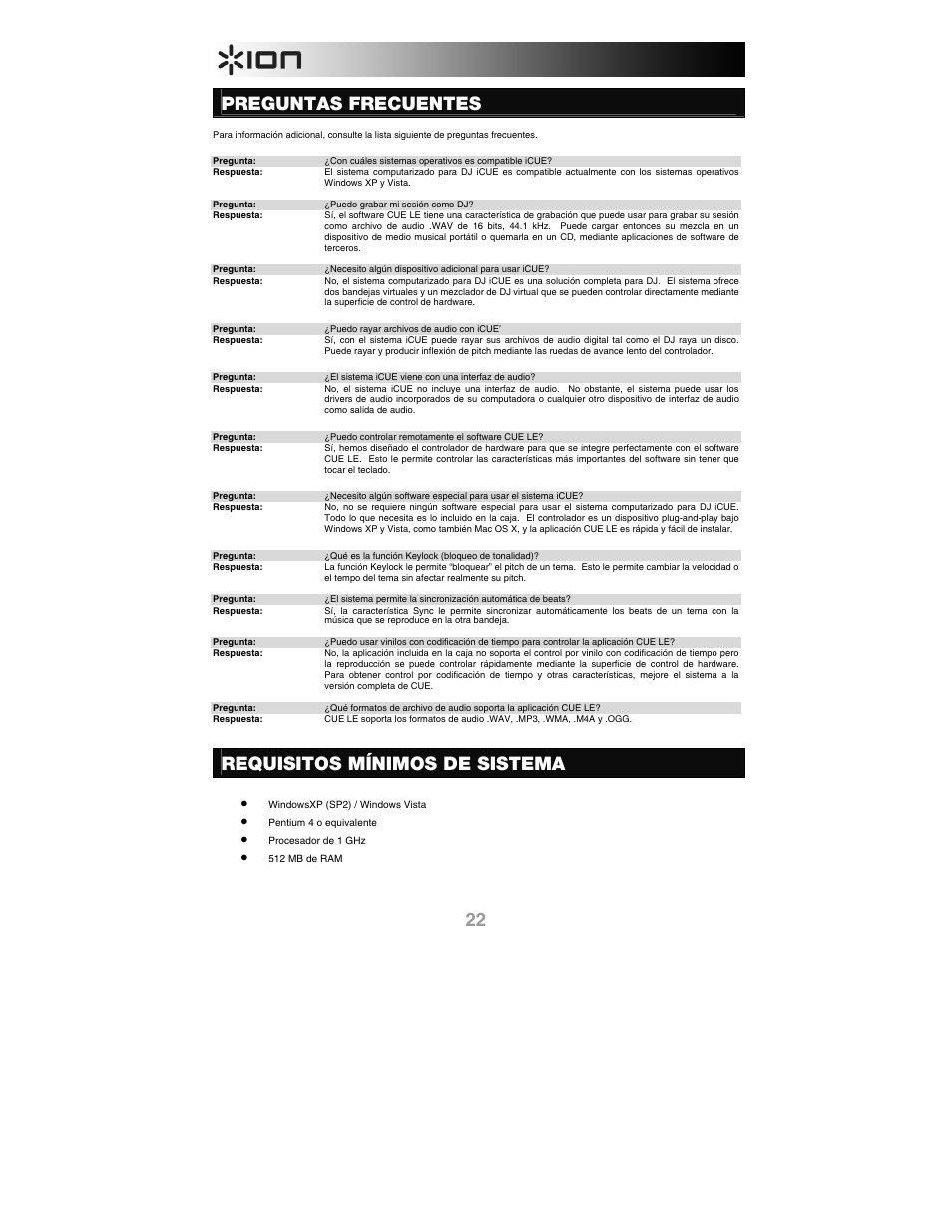 Preguntas frecuentes, Requisitos mínimos de sistema | ION iCUE User Manual | Page 22 / 56