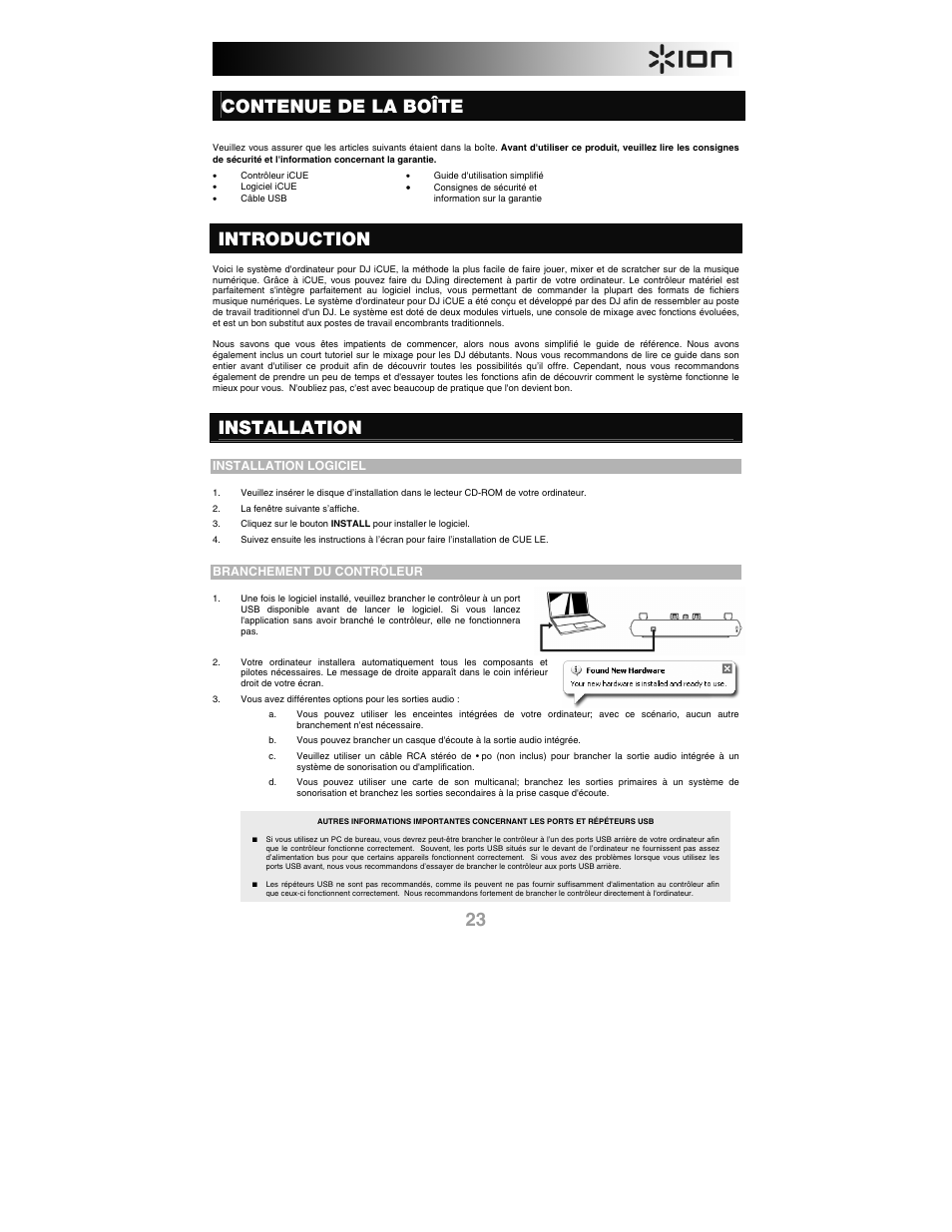 Français, Contenue de la boîte, Introduction | Installation, Installation logiciel, Branchement du contrôleur | ION iCUE User Manual | Page 23 / 56