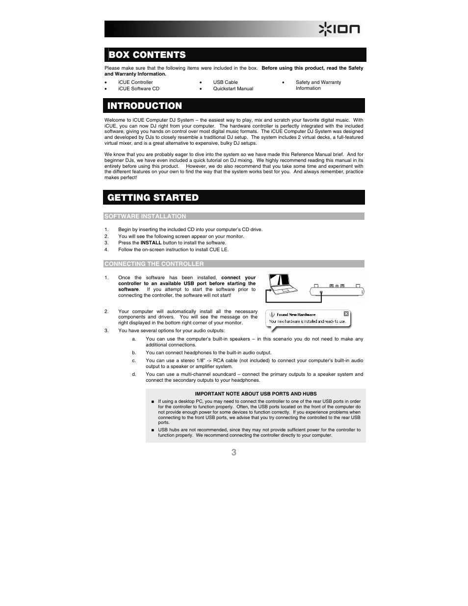 Box contents, Introduction, Getting started | Software installation, Connecting the controller | ION iCUE User Manual | Page 3 / 56