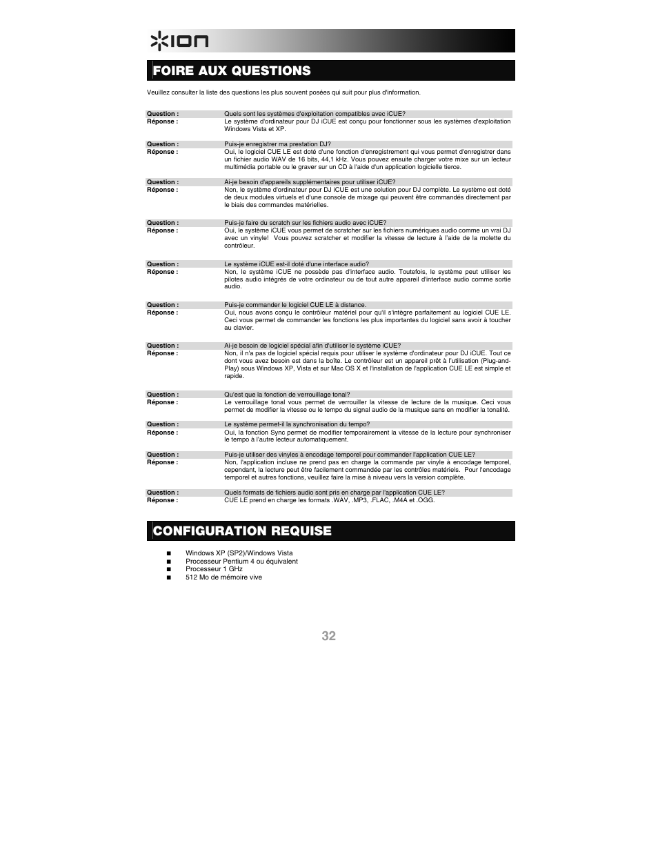 Foire aux questions, Configuration requise | ION iCUE User Manual | Page 32 / 56