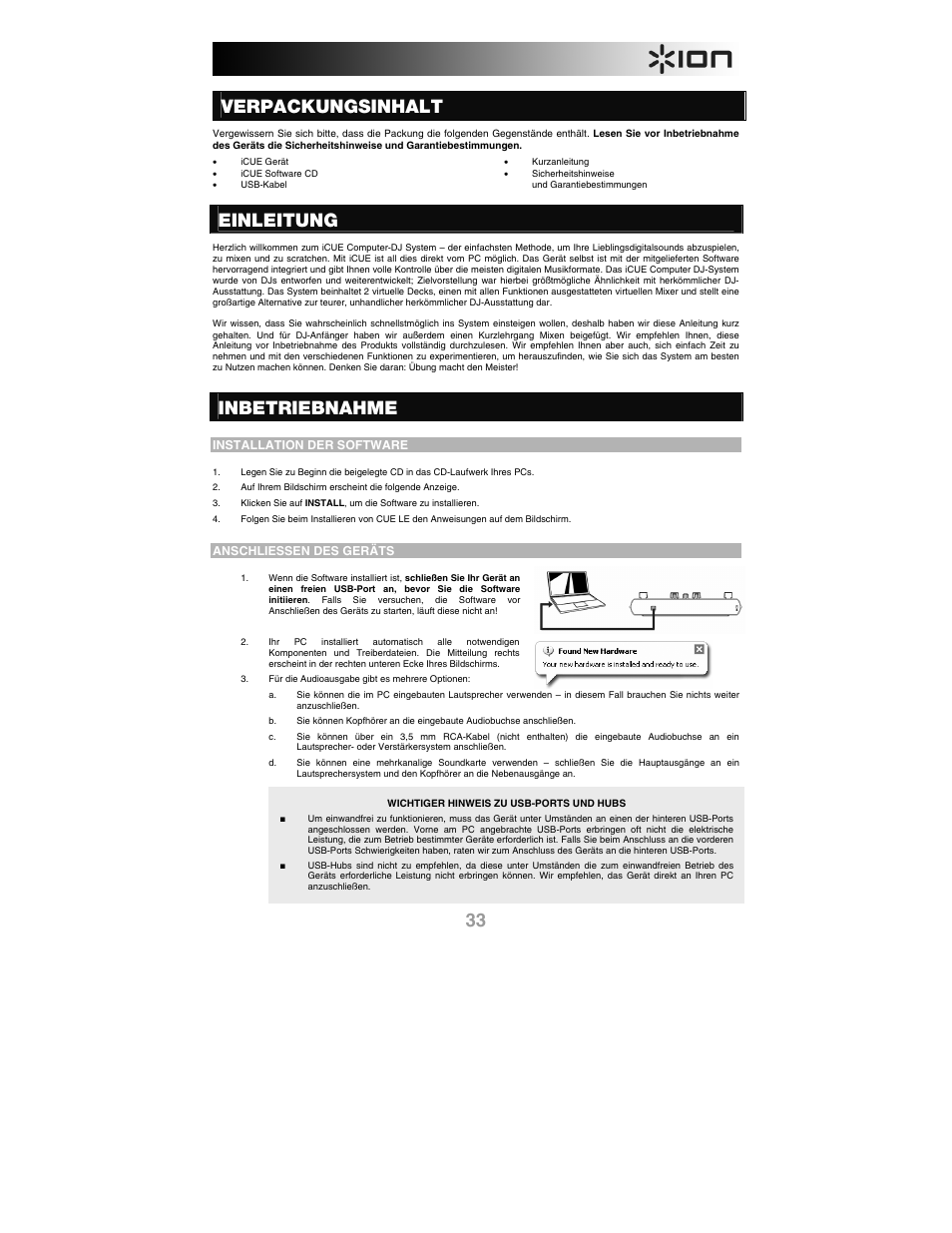 Deutsch, Verpackungsinhalt, Einleitung | Inbetriebnahme, Installation der software, Anschliessen des geräts | ION iCUE User Manual | Page 33 / 56