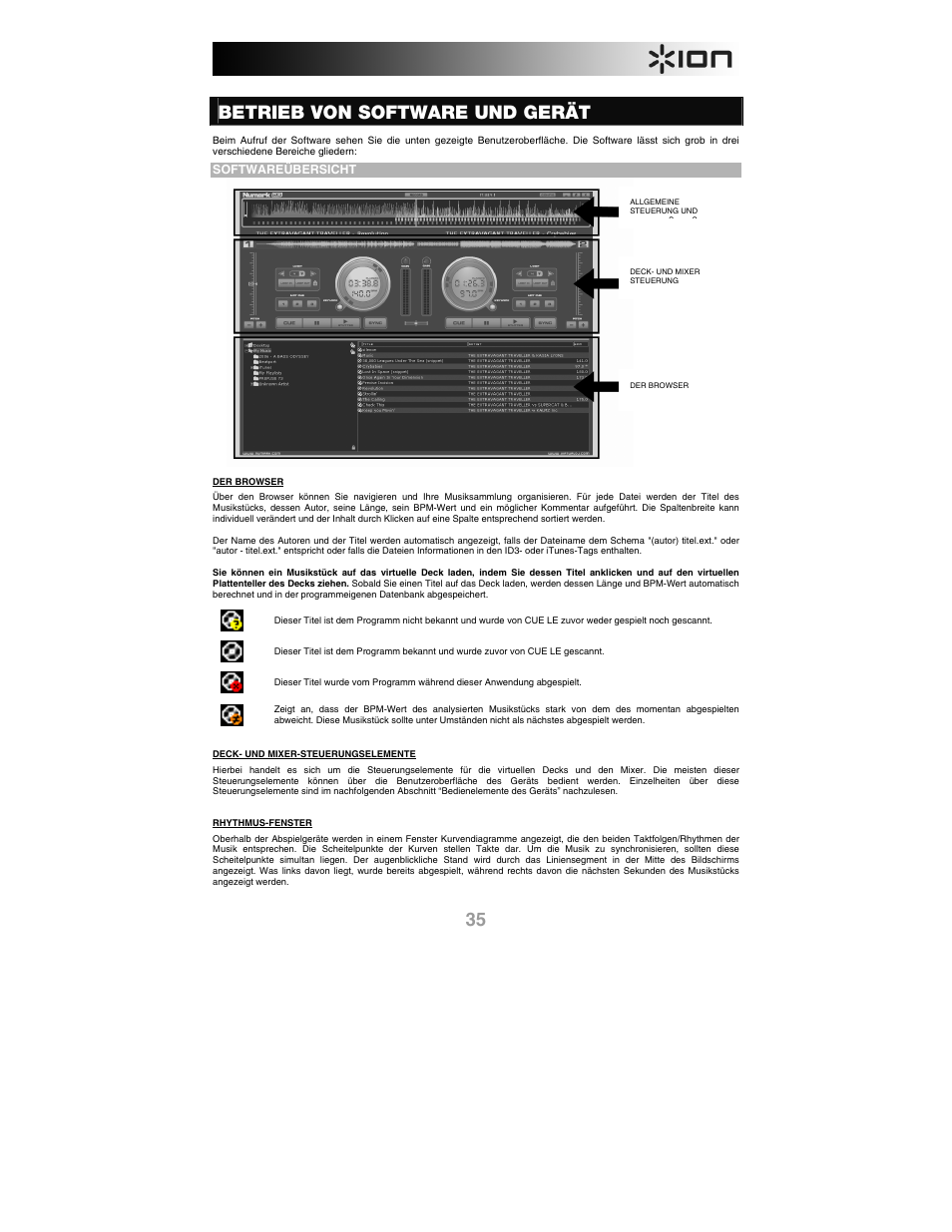 Betrieb von software und gerät, Softwareübersicht | ION iCUE User Manual | Page 35 / 56