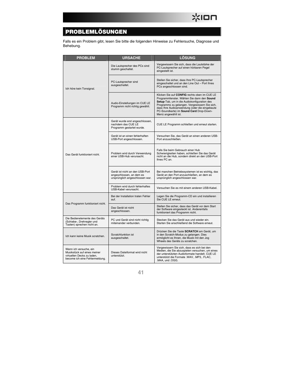 Problemlösungen | ION iCUE User Manual | Page 41 / 56