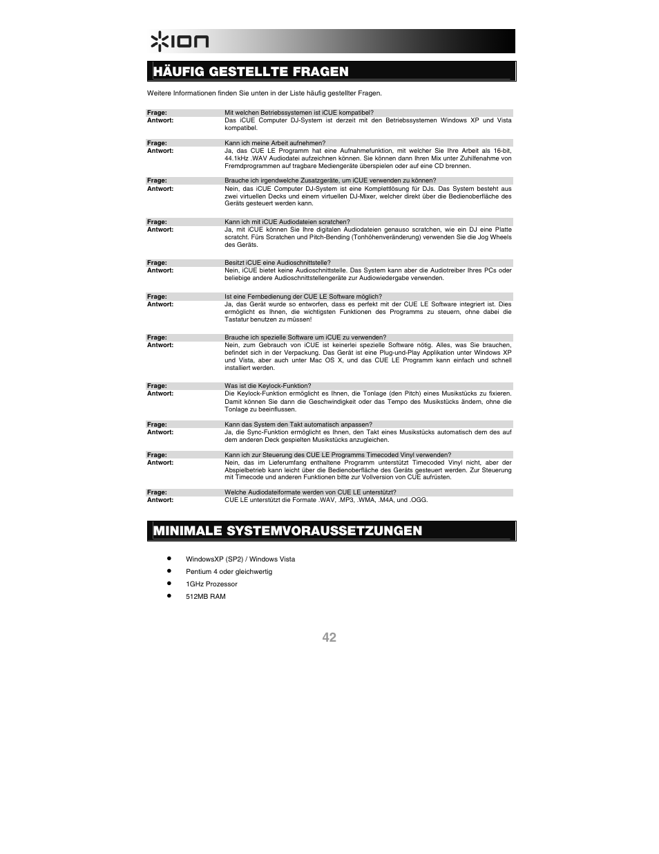 Häufig gestellte fragen, Minimale systemvoraussetzungen | ION iCUE User Manual | Page 42 / 56