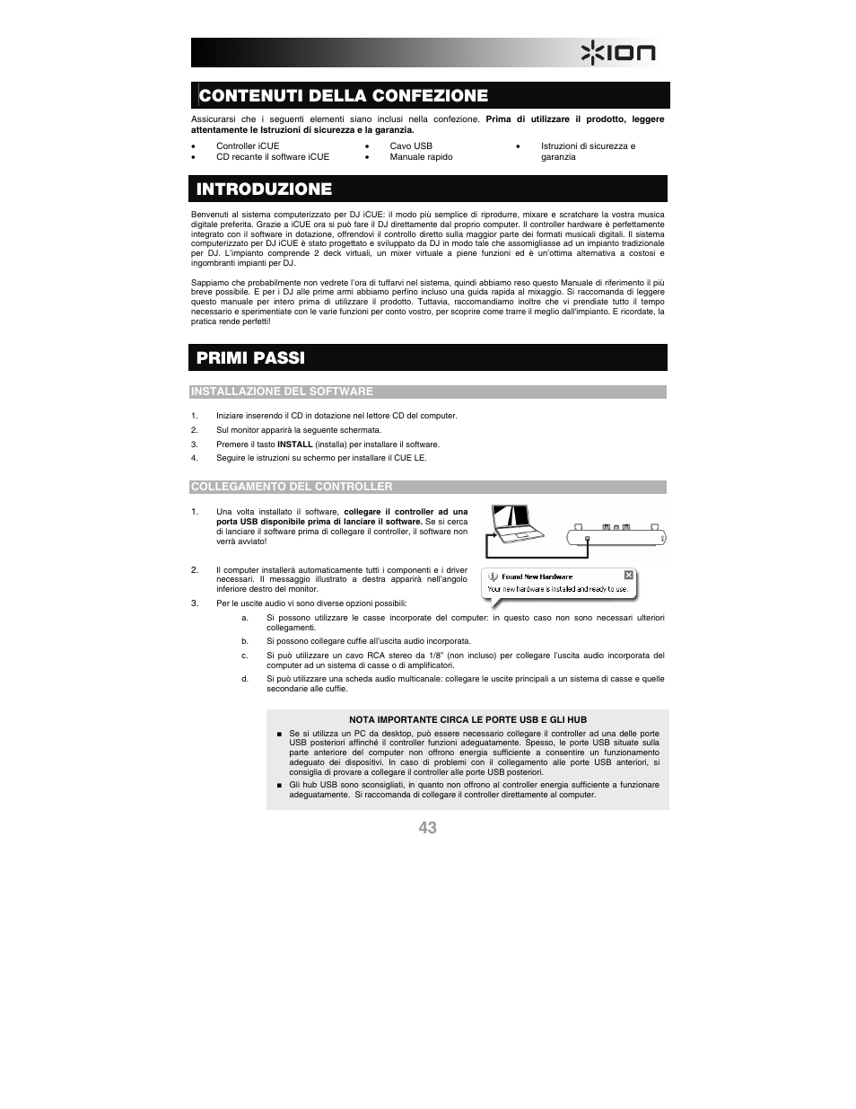 Italiano, Contenuti della confezione, Introduzione | Primi passi, Installazione del software, Collegamento del controller | ION iCUE User Manual | Page 43 / 56