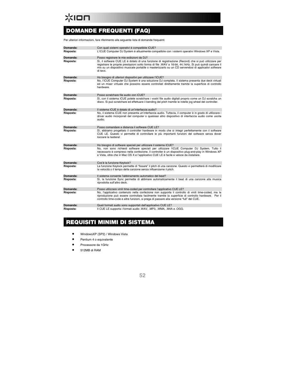 Domande frequenti (faq), Requisiti minimi di sistema | ION iCUE User Manual | Page 52 / 56